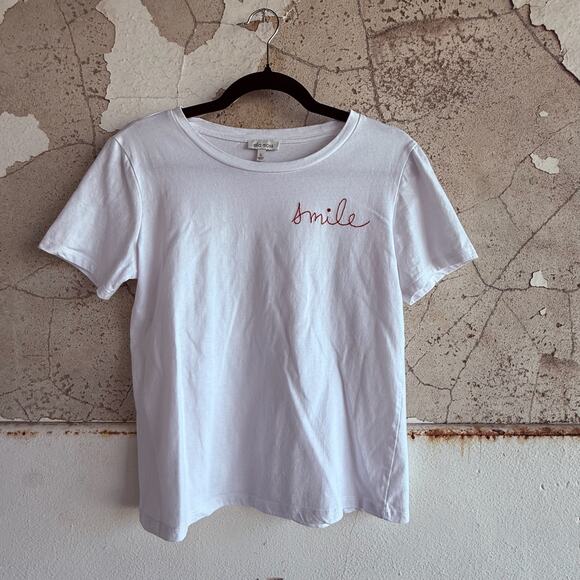 Minimalist Graphic Tee White Smile Embroidered Cotton T Shirt Ella Moss Size S - Picture 1 of 4